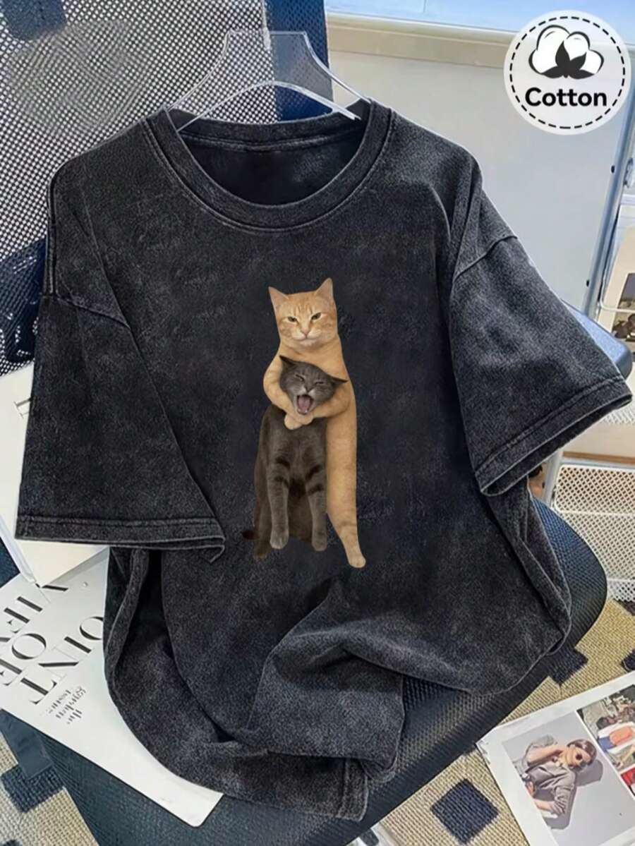 复古水洗趣味猫咪争吵瞬间印花T恤，时尚女款夏季T恤，节日礼物，完美礼物 - 水洗 - 查看 1