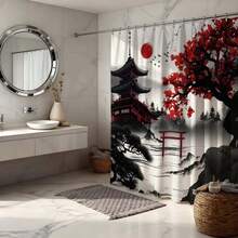 Tranh thủy mặc Nhật Bản, in hình cổng Torii đền thờ cây phong đỏ, chống thấm nước, chống nấm mốc, không cần khoan, rèm phòng tắm phong cách Zen. - Mực - Xem 7