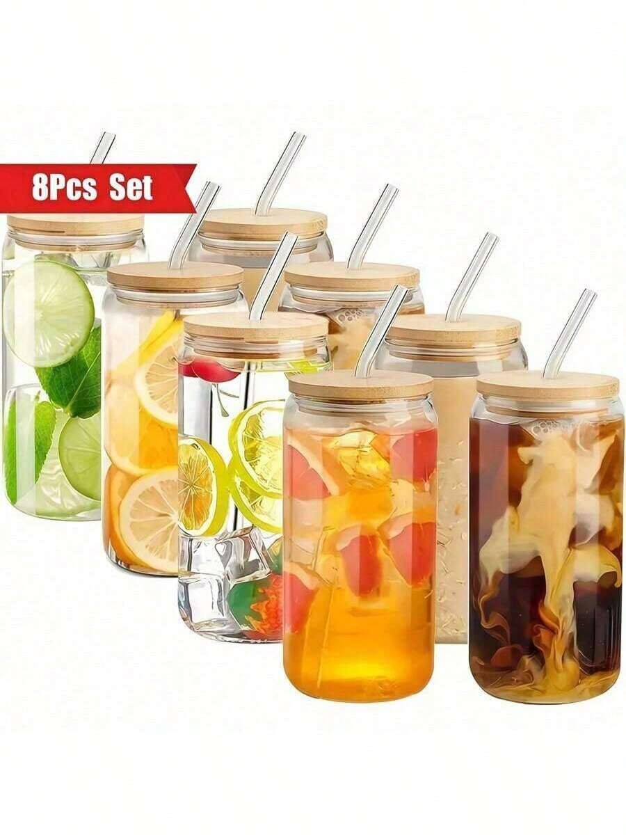 Bộ cốc thủy tinh 500ml, cốc thủy tinh 16oz/500ml có nắp và ống hút, cốc uống nước kiểu hũ Mason, cốc cà phê đá, cốc thủy tinh có nắp tre, cốc dễ thương, cốc bia, ống hút tái sử dụng và dụng cụ vệ sinh ống hút dành cho nhà hàng/khách sạn/cơ sở kinh doanh.