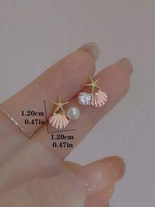 1 Pair Fashionable Sweet Starfish Shell Stud Earrings, Minimalist Small Personalized Earrings Suitable For Teenage Girls, Beach Vacation And Daily Wear - Pink - View 4