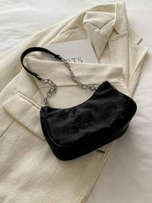 Ozdobne detale z klamrą, przeszycia, torba na ramię z łańcuszkiem, damska torba na ramię z ozdobną klamrą, torba typu hobo w stylu ulicznym, zestaw małej/średniej torebki i portfela, odpowiednia na zakupy, randki, prezent dla kobiet, odpowiednia dla nastolatek, studentek, do pracy, biznesu, dojazdów do pracy - Czarne - Zobacz 8