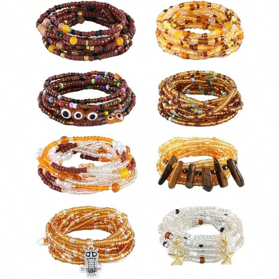 50u201D Tie - On African Waist Beads Women Non Stretching 8Pcs Belly Beads Plus Size Colorful Handmade Beaded Waist Jewelry Accessories Body Chain - màu nâu - Xem 1