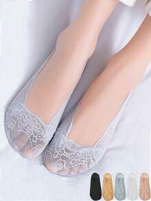 1/5/10双装女士蕾丝隐形夏季薄款图案休闲透气吸汗船袜 - 彩色 - 查看 1