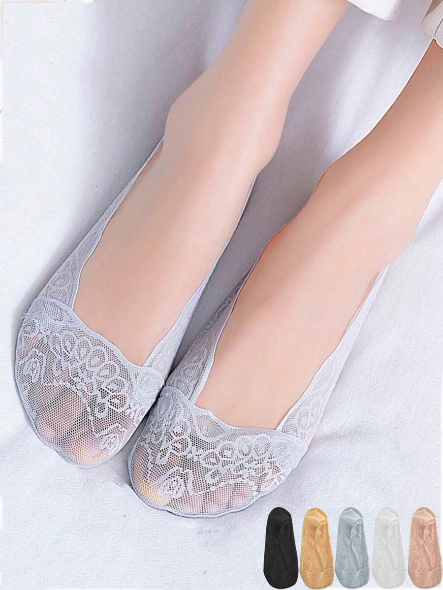 1/5/10双装女士蕾丝隐形夏季薄款图案休闲透气吸汗船袜 - 彩色 - 查看 1