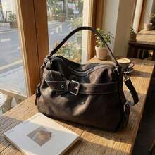 Women's Vintage Brown Faux Leather Hobo Bag, Large Capacity Soft PU Shoulder Purse With Buckle Detail & Contrast Stitching, Convertible Crossbody Bag For Work, Office & Fall/Winter Everyday Casual Use - Cà phê - Xem 7