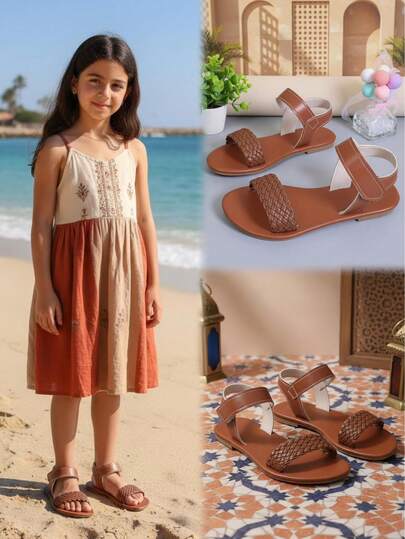 1 Pair Girls' Brown Flat Sandals, Solid Color PU Woven Strap Design Open Toe Non-Slip Comfortable Cute Roman Sandals, Suitable For 3-16 Years Old Infants & Toddlers, Daily, Casual, Party, Summer