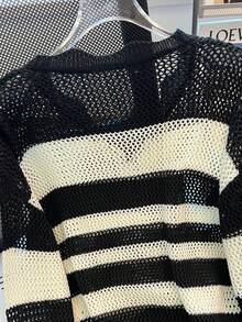 女士条纹镂空针织套头毛衣，系带设计，休闲宽松长袖轻薄防晒上衣，时尚百搭，夏季必备 - 黑色 - 查看 6