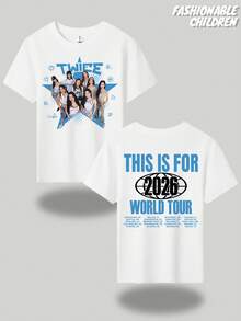Vintage Twice Music Tour T-Shirt, Girls' Pure Cotton T-Shirt, Unisex, Children's Short Sleeves, Summer Gift, Casual Outdoor Sports Style, Comfortable And Breathable, Skin-Friendly, Fashionable And Versatile - 白色 - 查看 2
