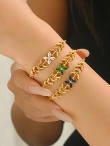 1件复古优雅铜质锆石花朵吊坠手链，日常及派对配饰，女士 - 彩色 - 查看 6