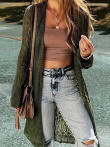 Plus Size Women Solid Color Beach Vacation Casual Cardigan Spring - Dark Green - View 3