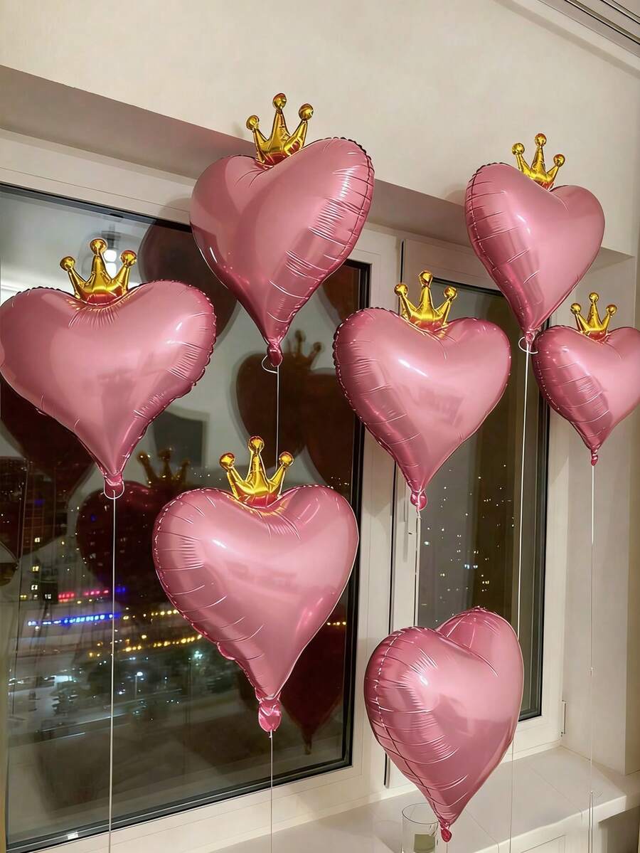 6个19英寸皇冠和心形漂浮气球，适用于婚礼装饰、母亲节、求婚、约会拍照道具、室内/室外装饰、新娘送礼会、生日等场合。 - 粉色 - 查看 1
