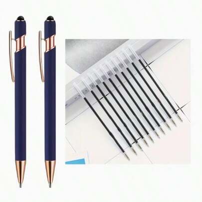 12pcs Luxury Metal Ballpoint Pen Set, Featuring Fashionable Blue Design, Smooth Writing, Includes 2 Pens And 10 Refill Cartridges. Also Supports Touchscreen Function (2-In-1 Design), Ideal Gift For Ladies, Students, Colleagues, Teachers, Mothers And Friends (Black Ink)