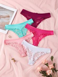Paquete de 5 tangas de mujer con parches de encaje y moño en unicolor, ropa interior femenina suave y cómoda - Multicolor - Ver 6
