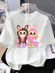 Tween Girls' Cartoon Graphic Print Loose Fit Drop Shoulder Short Sleeve T-Shirt - White - View 3