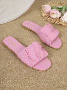 1 Pair Women's Summer Fashionable PU Pleated/Ruffle Edge Beach Sandals, Non-Slip Outdoor Slippers With Soft Soles And Open Toe, Casual Wear - Pink - View 8