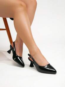 尖头小猫跟高跟鞋，优雅女士时尚派对宽楦高跟鞋，百搭精致女士高跟鞋 - 亮黑皮 - 查看 4