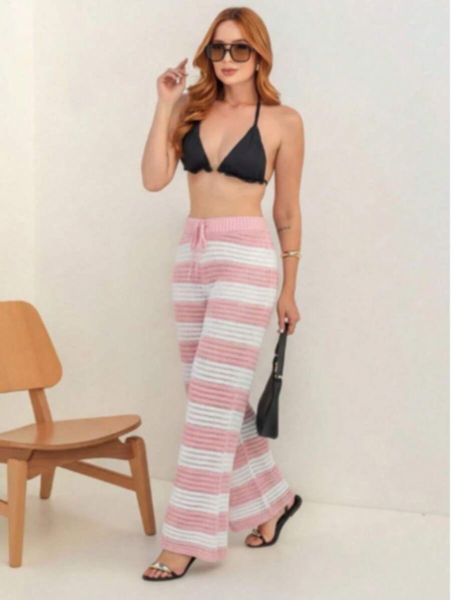 Beach Cover-Up Striped Drawstring Pants Crochet Blogger Luxury Elegant Knit Women's Fashion Summer Casual Beach Vacation - 淺粉色 - 查看 1