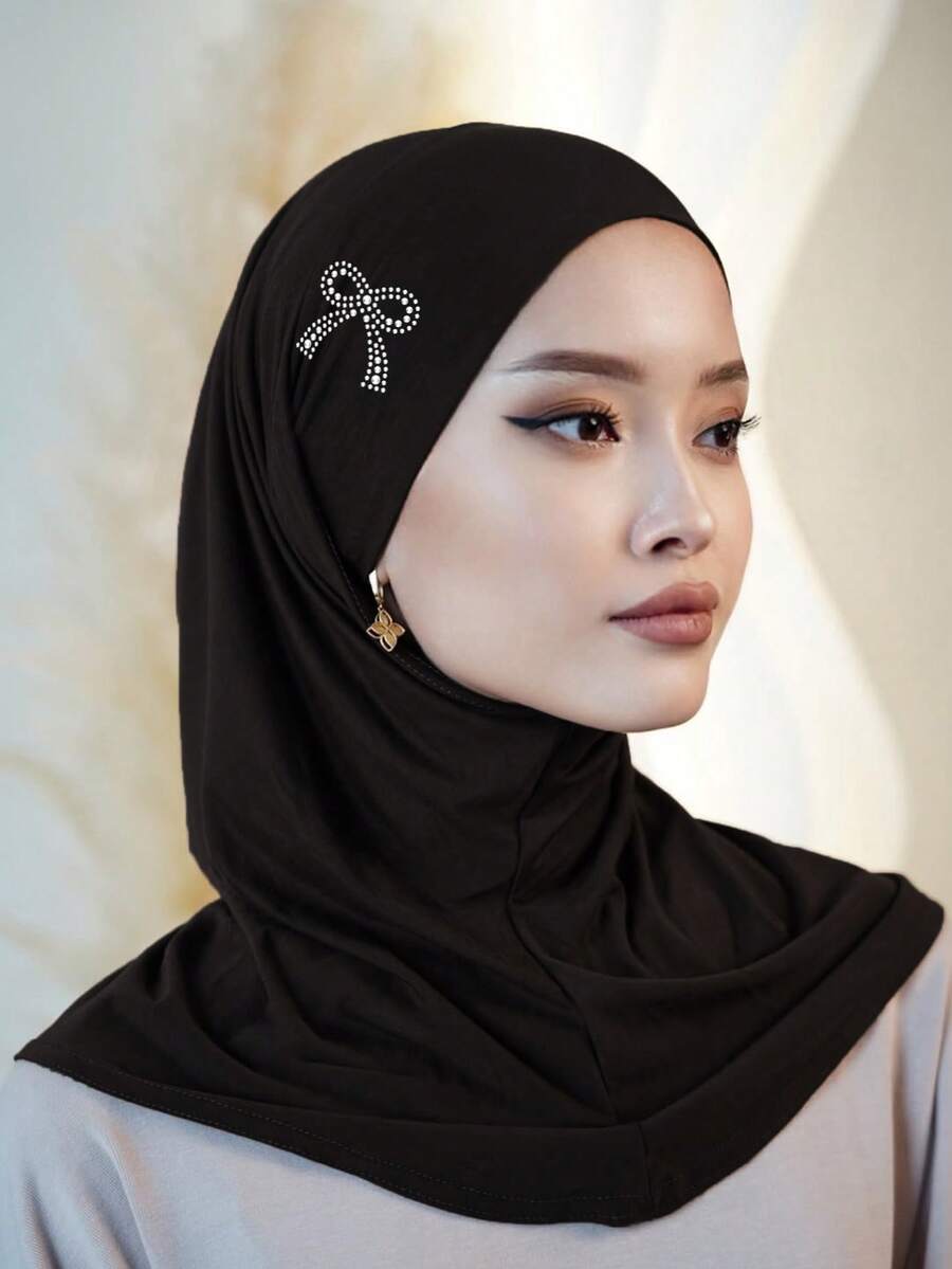 1件装女士纯色水钻蝴蝶结马来头巾，多功能百搭头巾，透气柔软头巾 - 彩色 - 查看 1