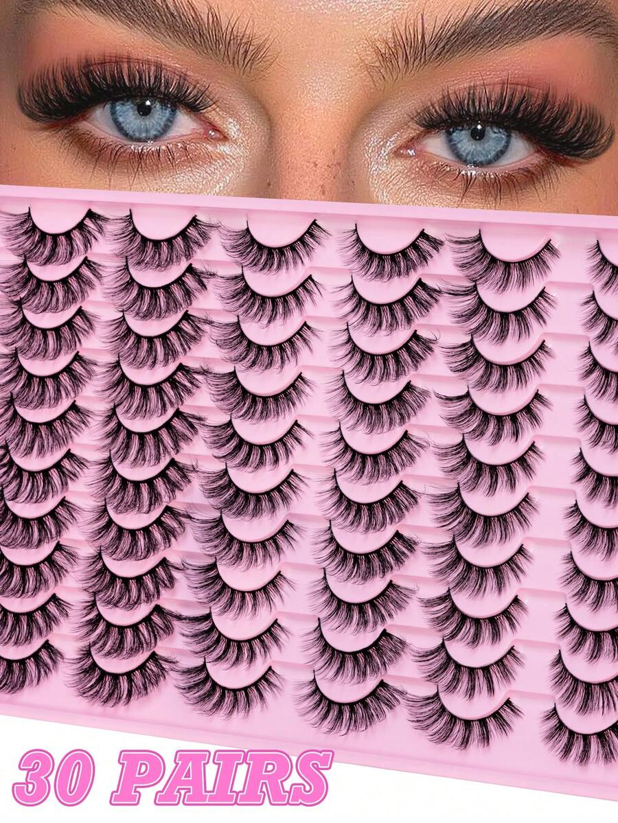 30对混合自然交叉假睫毛，手工制作浓密卷翘仿貂毛3D睫毛，D型卷翘化妆工具，日常热销，圣诞礼物（粉色1） - 彩色 - 查看 1