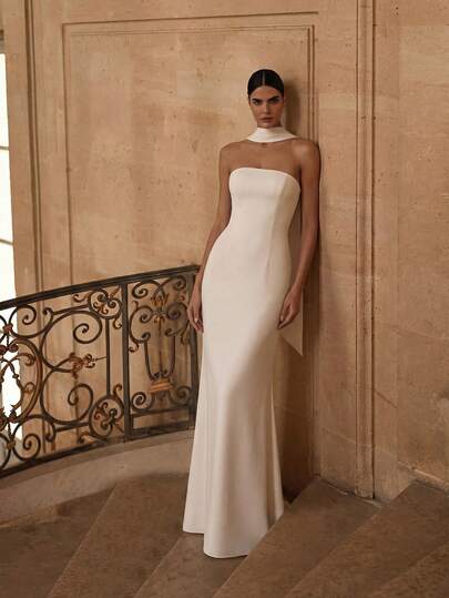 Basrey Nuevo vestido de cóctel elegante y lujoso para mujer de unicolor sin tirantes y sin espalda, con cinturón y decoración de ribete de satén, adecuado para fiestas, damas de honor, bodas y diversas ocasiones de primavera