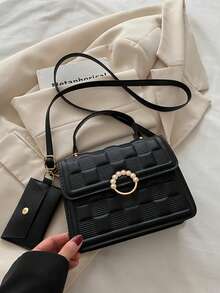 泡泡纹理时尚手提包、链条单肩包、简约方形斜挎包 - 黑色 - 查看 6