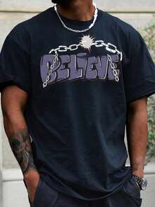 Shirts Men Loose-Fit Drop-Shoulder T-Shirt With Front Print Slogan Graphic Design.Men's Pure Cotton T-Shirt Effortless Styling, Showcase Your Unique Style - Black - View 1