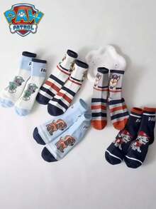 Paw Patrol 5 pares de adorables calcetines de la serie de dibujos animados "Bark Team" con patrones de jacquard coloridos, colores y diseños aleatorios. Las características incluyen elementos como Tian Tian, Xiaoli, Laidi, Maomao, Huihui, Archi, números y rayas. - Multicolor - Ver 3