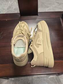 New Women Thick Sole Sneakers Skateboard Shoes, Casual Flat Slip-On Minimalist Fashion Versatile White Sneakers, Spring/Autumn - Khaki - View 4