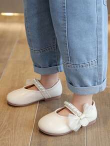 1 Pair New Baby Girls' Pearl Bow PU Hook And Loop Design Princess Style Flat Shoes, Pink, Suitable For Spring/Autumn - Beige - View 5
