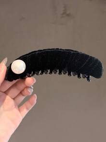 黑色天鹅绒珍珠香蕉夹，复古优雅百搭高端竖款发夹，奢华发饰 - 黑與白 - 查看 4