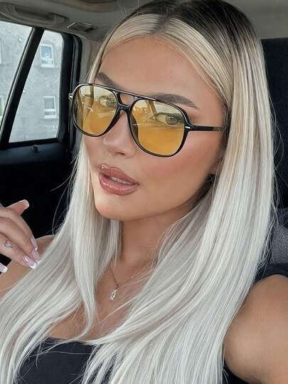 1 par de gafas de mujer de estilo aviador con montura de PC negra, de doble puente, de estilo casual, urbano y de moda para viajes