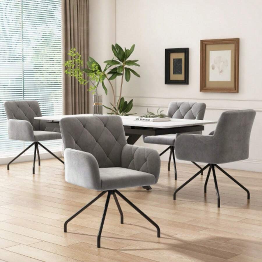 4er Set Esszimmerstühle Mit Rautenmuster,Gepolsterter Sessel Mit 4 Metallbeinen,Moderner Lounge-Stuhl,Wohnzimmerstuhl Für Shlafzimmer,Arbeitzimmer Und Schreibtisch,Lendenwirbelstütze,Samt,Hellgrau - Grey - View 1