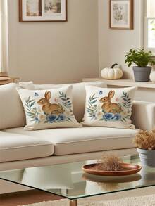 2Pcs Faux Linen Beige Pillow Covers Watercolor Rabbit Blue Roses Print Pillowcases Breathable Botanical Decor Pillow Cases(No Filling) - Beige - View 5