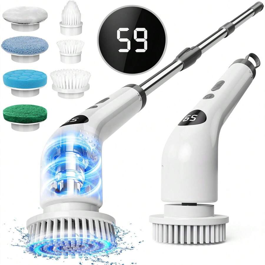 Rechargeable Rotating Cleaning Brush, Wireless Electric Bath And Kitchen Tile Cleaning Brush With LED Display, 2 Speed Modes, 7 Replaceable Cleaning Heads, Adjustable And Detachable Long Handle, Battery Capacity: 2000mAh - Multicolor - View 1