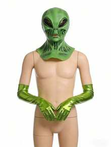 万圣节外星人服装套装 - 逼真乳胶面具 + 闪亮手套，男女皆宜，适合角色扮演派对 - 彩色 - 查看 6