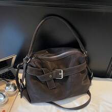 Women's Vintage Brown Faux Leather Hobo Bag, Large Capacity Soft PU Shoulder Purse With Buckle Detail & Contrast Stitching, Convertible Crossbody Bag For Work, Office & Fall/Winter Everyday Casual Use - Cà phê - Xem 8