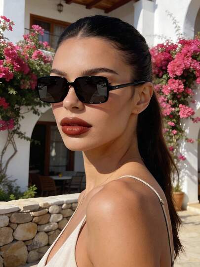 Men & Women's Classic Retro Black Shades, Rectangular Plastic Frame Fashion Glasses, For Daily Styling & Outdoor Vacation