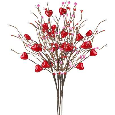 3件套浪漫泡沫心形浆果装饰插牌，浅红色心形粉色包装纸，母亲节装饰，人造浆果枝，婚礼及家居餐桌装饰，DIY花环及花瓶，周年纪念/情人节/新年/感恩节家居装饰，餐桌氛围装饰，情人节快乐