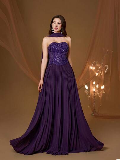 Mgiacy Purple Strapless Beaded Pleated Chiffon Maxi Dress, Elegant Ladies Summer Ball Gown & Bridesmaid Evening Dress With Shawl, Suitable For Party And Holiday