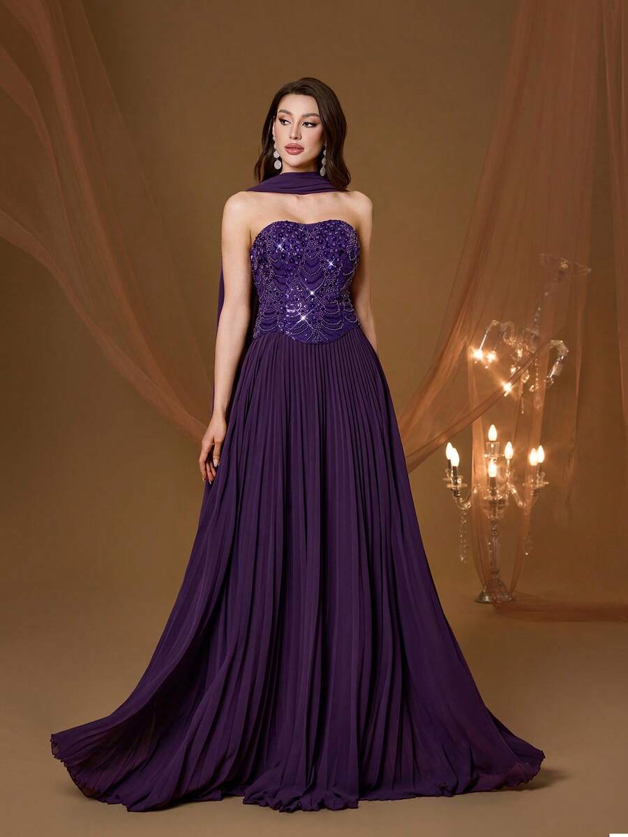 Đầm maxi chiffon xếp ly đính cườm màu tím không dây vai của Mgiacy, đầm dạ hội mùa hè thanh lịch dành cho nữ và đầm phù dâu kèm khăn choàng, thích hợp cho tiệc tùng và kỳ nghỉ. - Màu tím - Xem 1