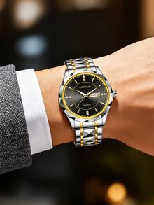 1pc Men's Stainless Steel Band Calendar Week Luminous Business Casual Quartz Wrist Watch - Multicolor - View 3