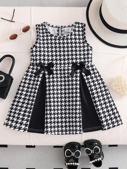 Baby Girls' Spring/Summer Black & White Houndstooth Bow Decor Sleeveless Dress, Baby Girl's Fashion Cute & Elegant Outfit For Daily Wear, Outings, Performances, Parties