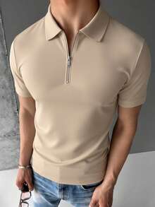 Áo thun nam tay ngắn đơn giản cổ điển có khóa kéo, thích hợp cho mùa hè. - Màu be - Xem 6