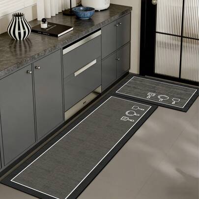 Thảm bếp bằng silicon gel dày 3.5mm, màu xám đậm với họa tiết giả vải và viền trắng tinh tế, thảm cao su silicon gel thoải mái, thích hợp cho nhà bếp, phòng tắm, hành lang, phòng giặt, phòng ngủ, phòng khách.