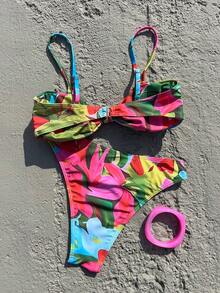 Ensemble de maillot de bain imprimé floral élégant et stylé pour femmes, idéal pour les vacances à la plage au printemps et en été, les activités en bord de mer et les tenues de vacances. - Multicolore - Voir 3