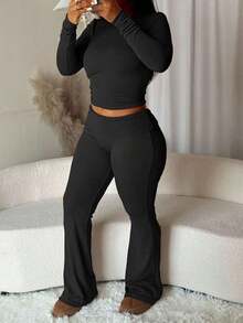 Conjunto informal de top de manga larga de cuello redondo y pantalones de unicolor, de felpa delgada minimalista, para otoño/invierno - Negro - Ver 6