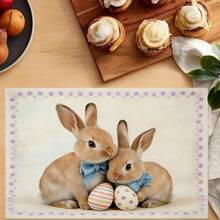 4-Piece Retro Rabbit Placemat Set (4-Piece Set) Suitable For Dining Tables, Washable Table Mat With Rabbit, Easter Egg, Purple Flower And Other Patterns, Rectangular Easter Table Decoration, Suitable For Coffee Tables, Holiday Parties And Spring Table Decoration - Multicolor - View 4