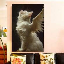 Framed Flat, Flat, Framed Canvas Artwork - White Cat With Angel Wings, High-Quality Uv-Resistant Print, Dreamy Animal Art For Home, Bedroom, Office Decoration - Distinctive Gift Suggestion, Cat Themed Decor - Framed - 查看 1