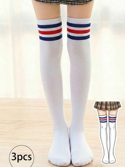 3 Pairs Kids Over-The-Knee Striped White Soccer Sports Socks, Suitable For 3-14 Years Old Boys And Girls, Can Be Worn With Skirts And Leggings