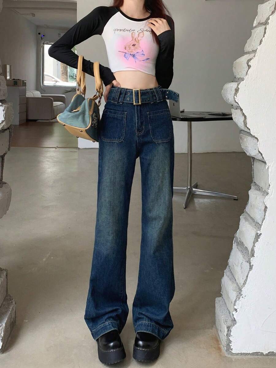 OJOK 新款 Y2K 风格水洗蓝色直筒阔腿女式牛仔裤（含腰带） - 藍色 - 查看 1